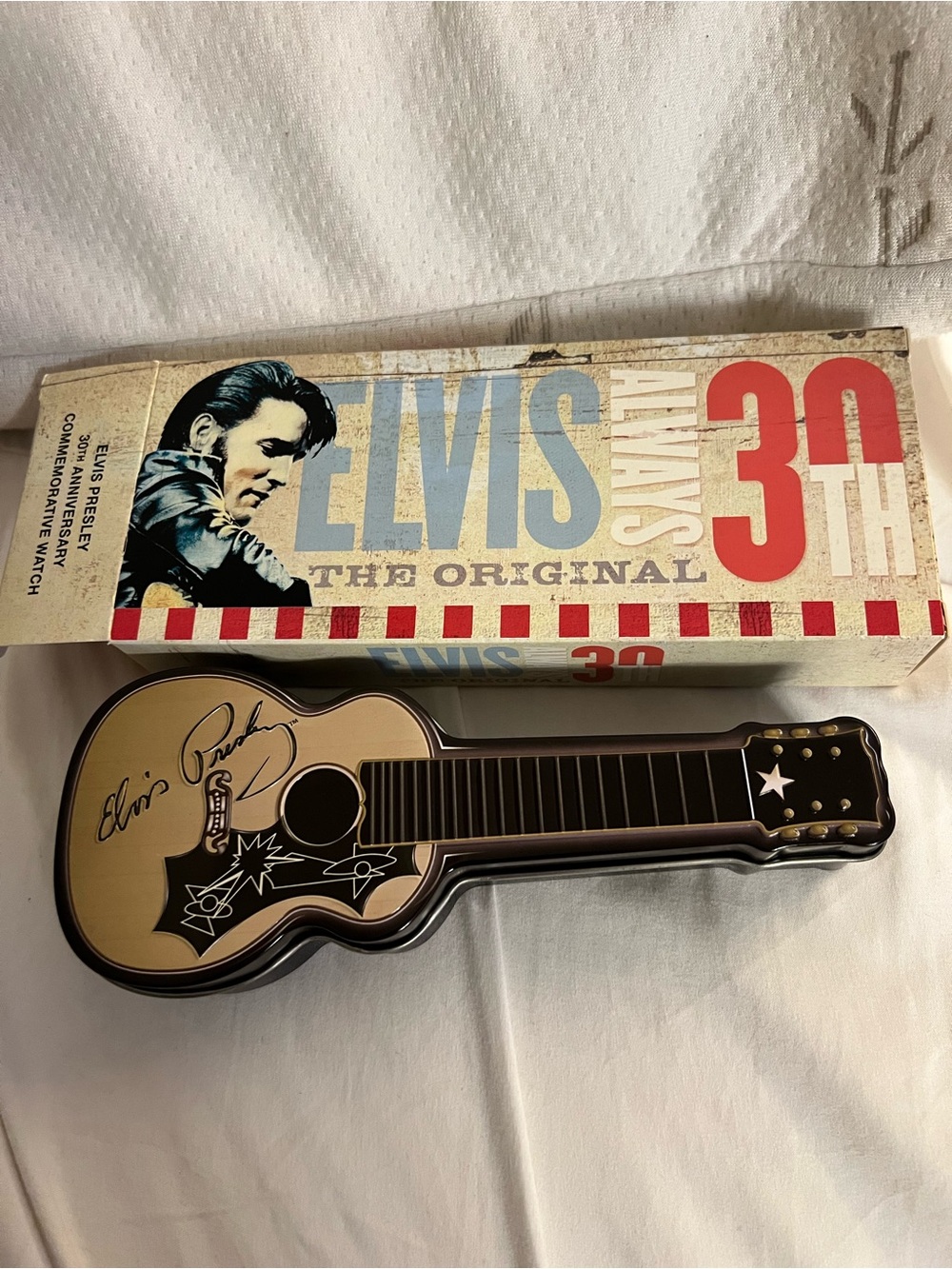 Avon Elvis Presley Guitar-Shaped Watch Tin - Gold and Black